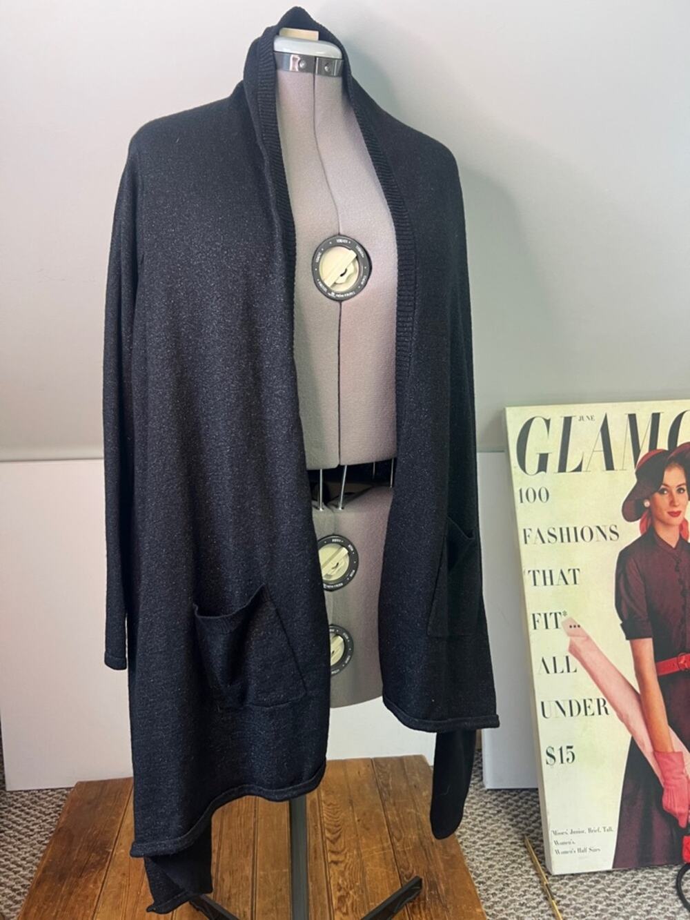 Anne Fontaine cardigan Black sparkle Open-Front sweater Pockets drama dressing